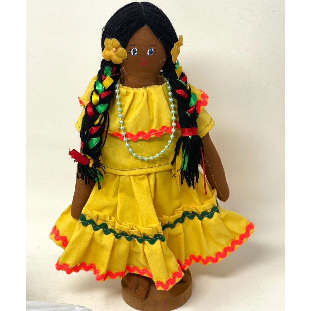 Vintage Qualla Cloth Cherokee Doll w/ Wood Stand - Folk Art - Handmade 11" Tall